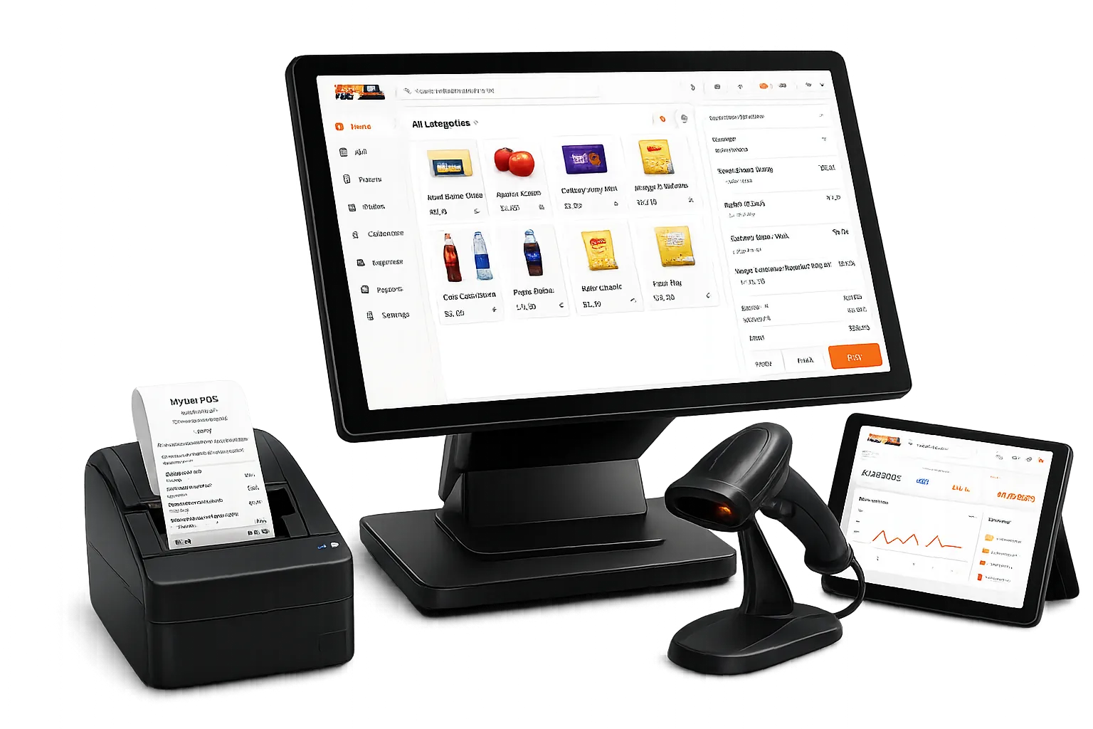 A point-of-sale terminal with a receipt printer, barcode scanner and a tablet showing sales